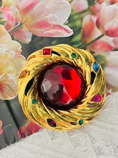 Yves Saint Laurent YSL Round Ruby Fuchsia Emerald Sapphire Statement Brooch