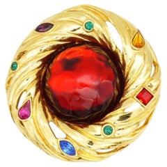 Yves Saint Laurent YSL Round Ruby Fuchsia Emerald Sapphire Statement Brooch