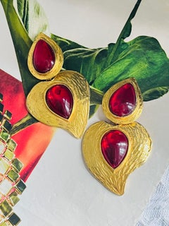 Yves Saint Laurent YSL Ruby Heart Massive Gripoix Cabochon Double Drop Earrings