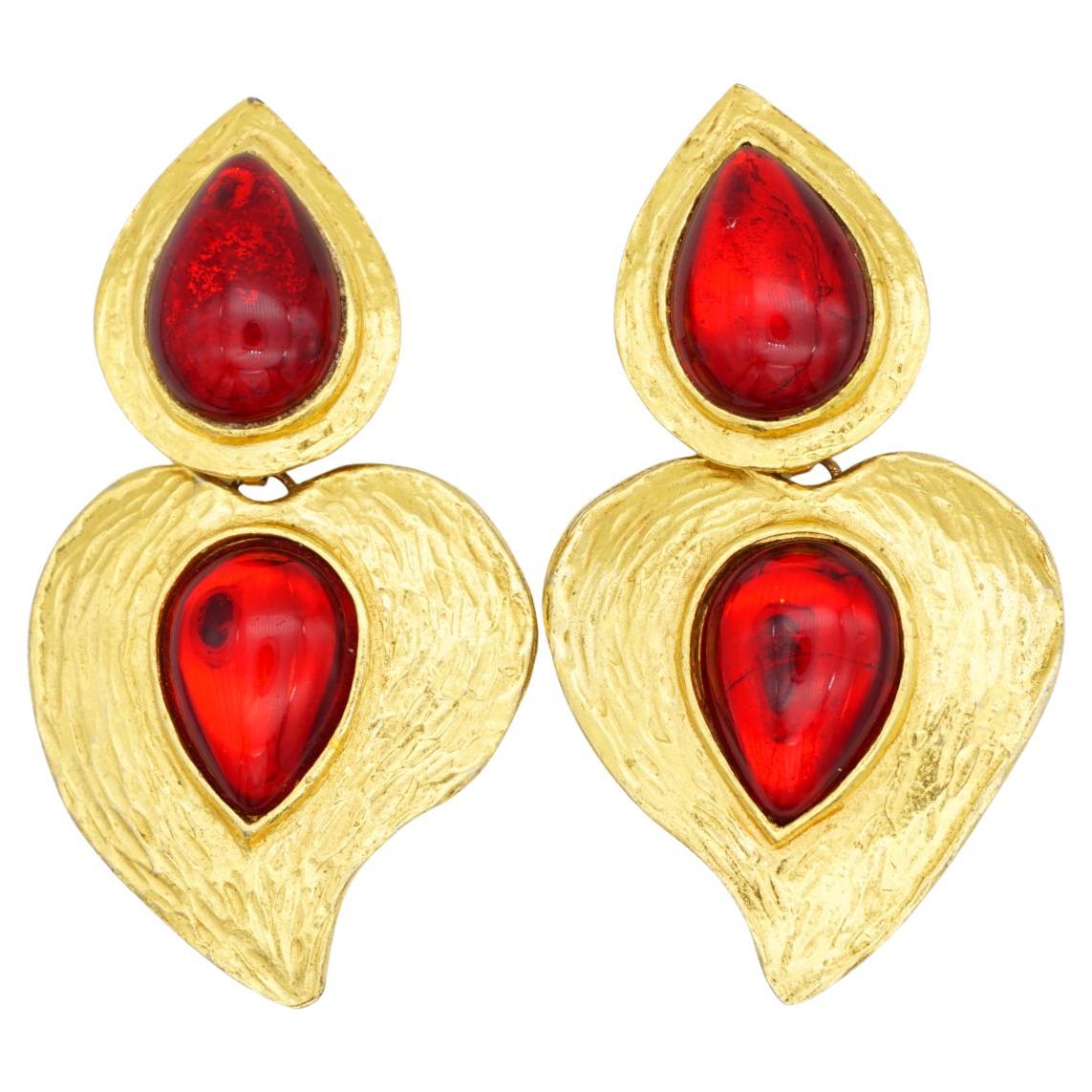 Yves Saint Laurent YSL Ruby Heart Massive Gripoix Cabochon Double Drop Earrings