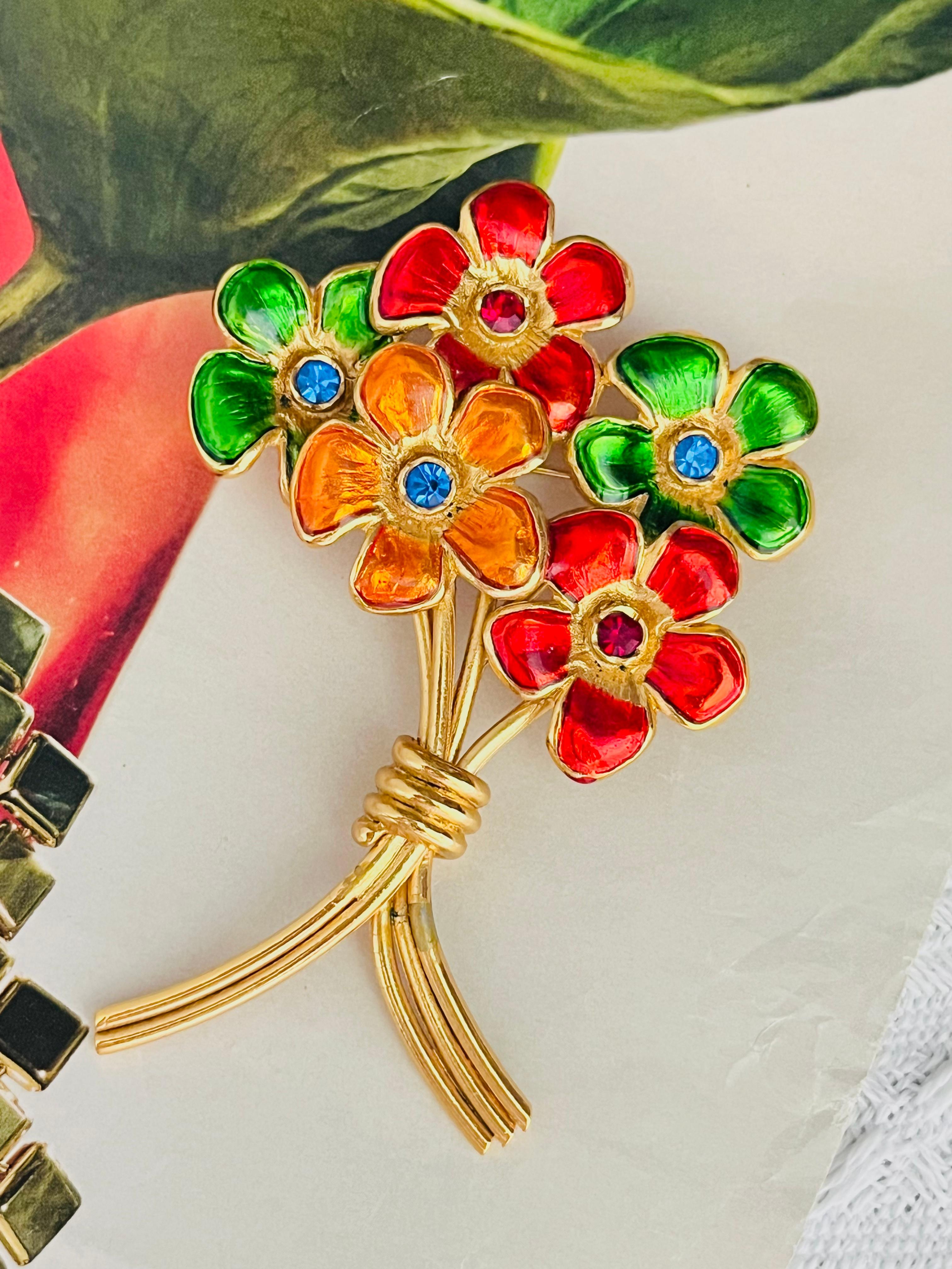 Yves Saint Laurent YSL 1980s Five Ruby Red Orange Yellow Navy Blue Enamel Emerald Sapphire Crystals Flower Floral Bouquet Elegant Brooch, Gold Plated

Very good condition. Only some colour loss at stem, barely noticeable. 100% Genuine.

Very rare to