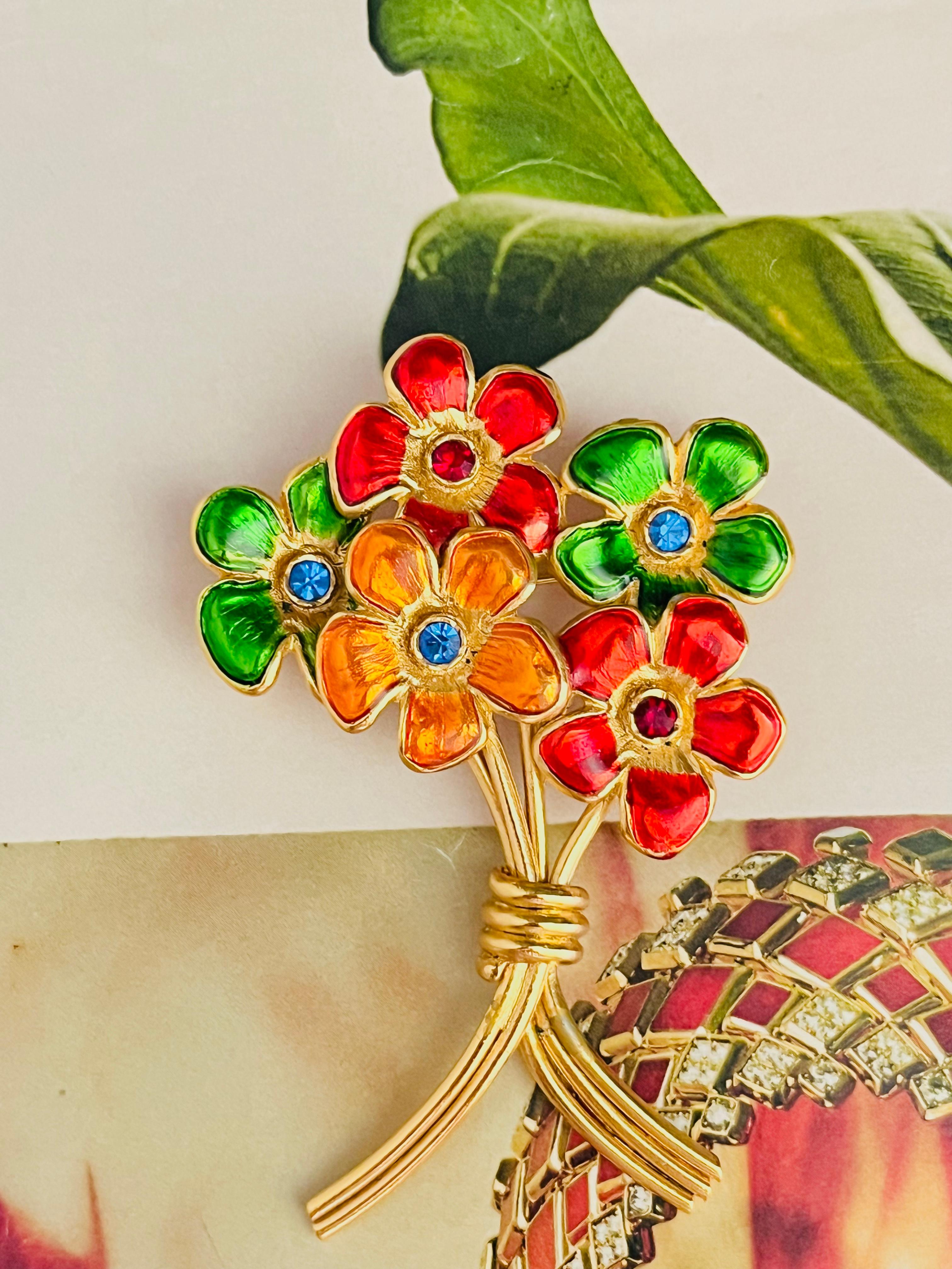 Yves Saint Laurent YSL Ruby Orange Navy Emerald Sapphire Flower Bouquet Brooch In Good Condition For Sale In Wokingham, England