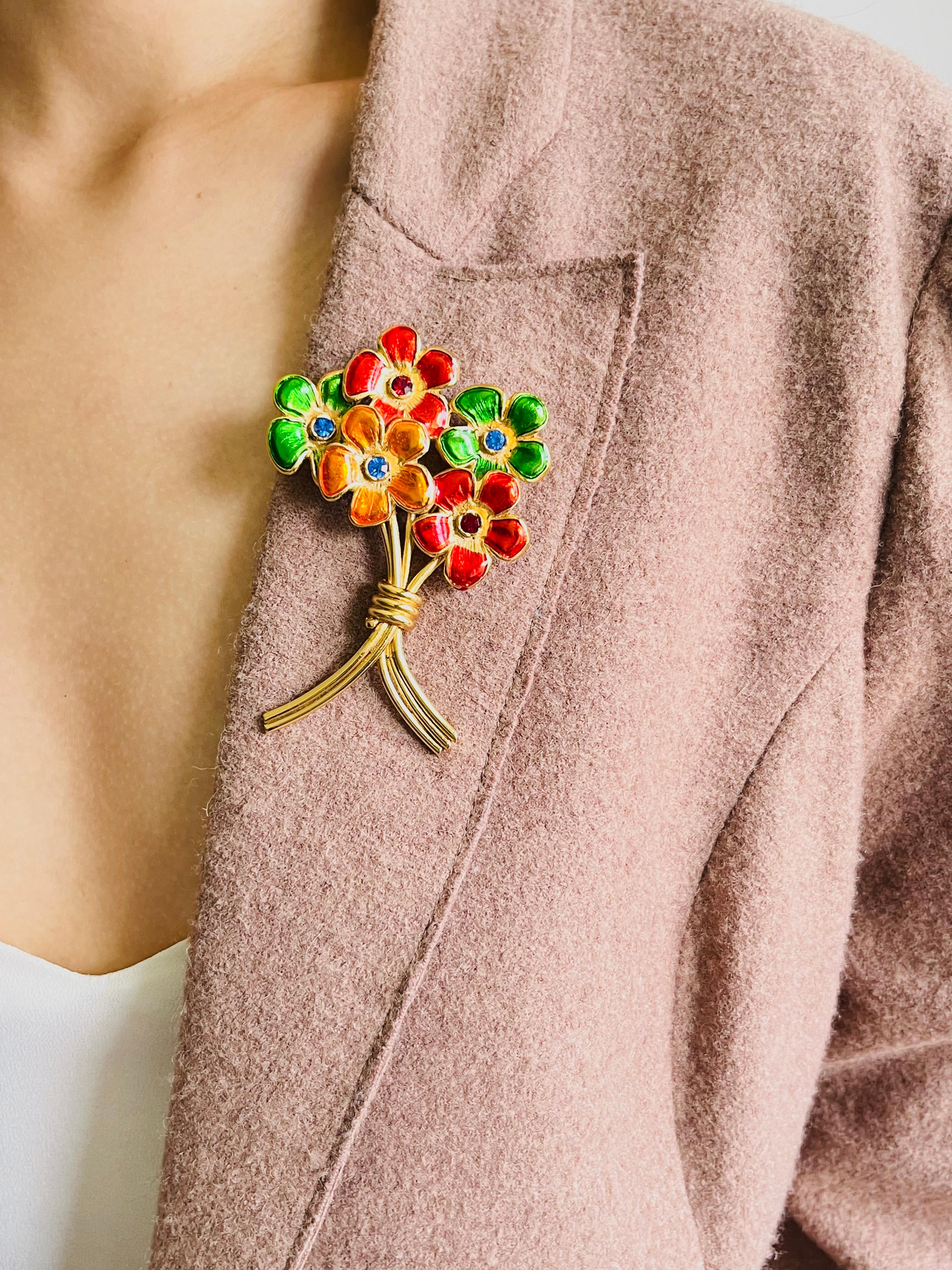 Yves Saint Laurent YSL Ruby Orange Navy Emerald Sapphire Flower Bouquet Brooch For Sale 1