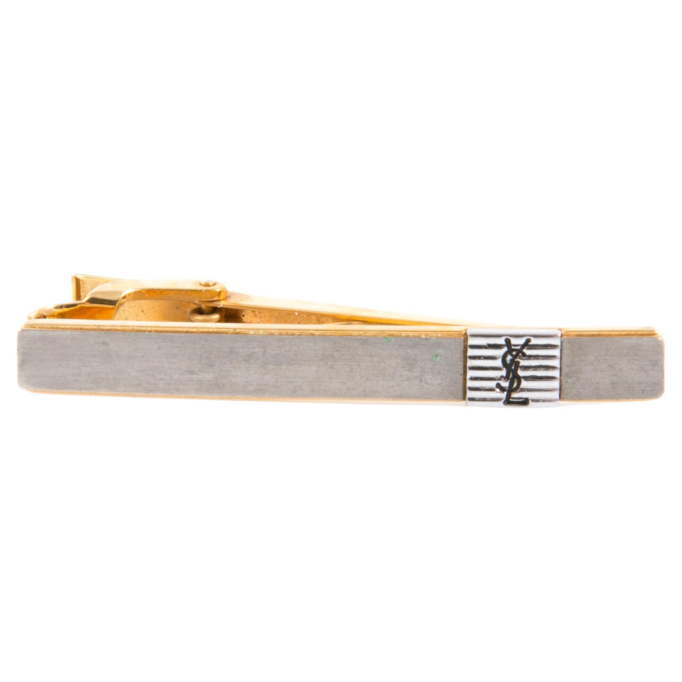 Yves Saint Laurent YSL Silver Tone Cassandre Tie Clip
