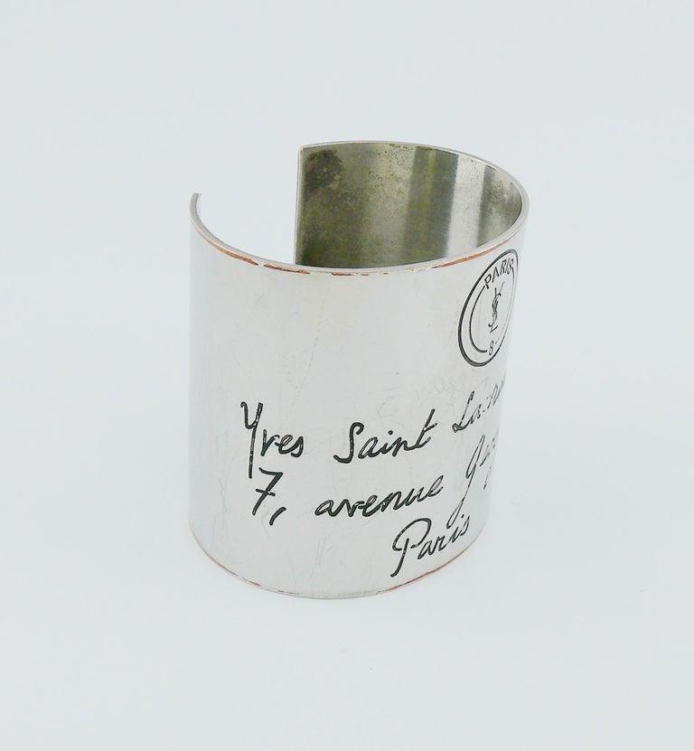 Yves Saint Laurent YSL Silver Toned Address Postcard Cuff Bracelet at