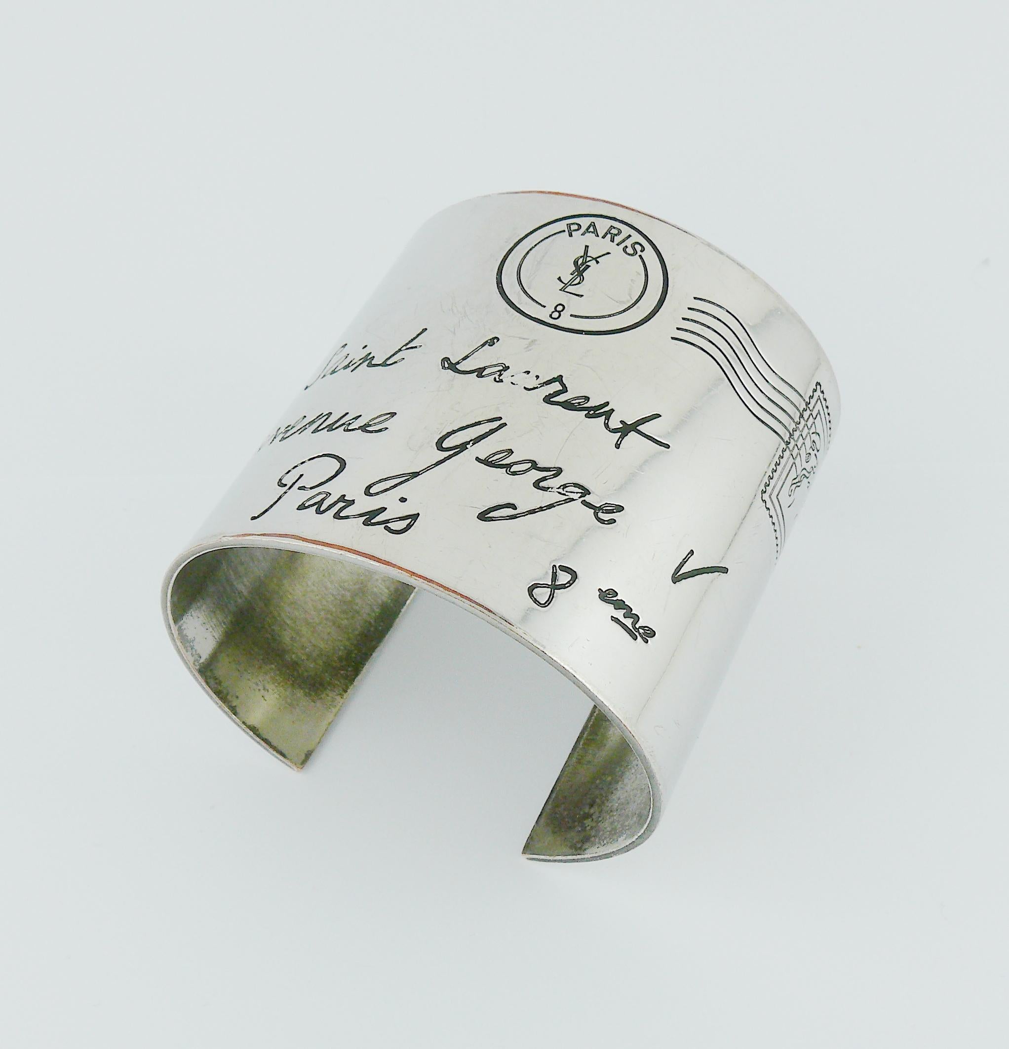 Yves Saint Laurent YSL Silver Toned Address Postcard Cuff Bracelet In Fair Condition In Nice, FR