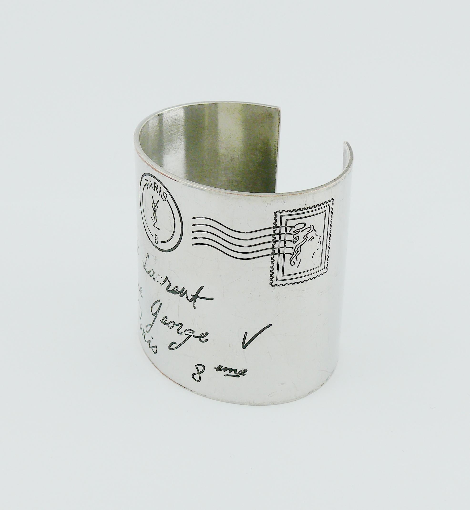 Women's Yves Saint Laurent YSL Silver Toned Address Postcard Cuff Bracelet