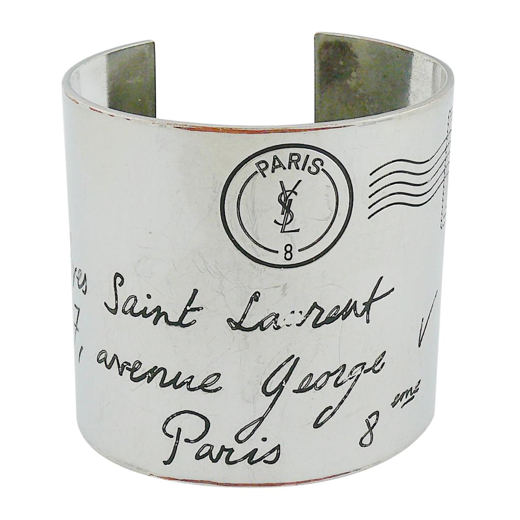 Yves Saint Laurent YSL Silver Toned Address Postcard Cuff Bracelet