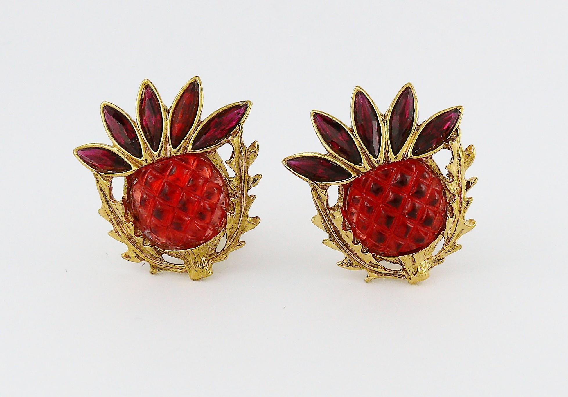Yves Saint Laurent YSL Thistle Lucite Resin Rhinestone Clip-On Earrings In Excellent Condition In Nice, FR