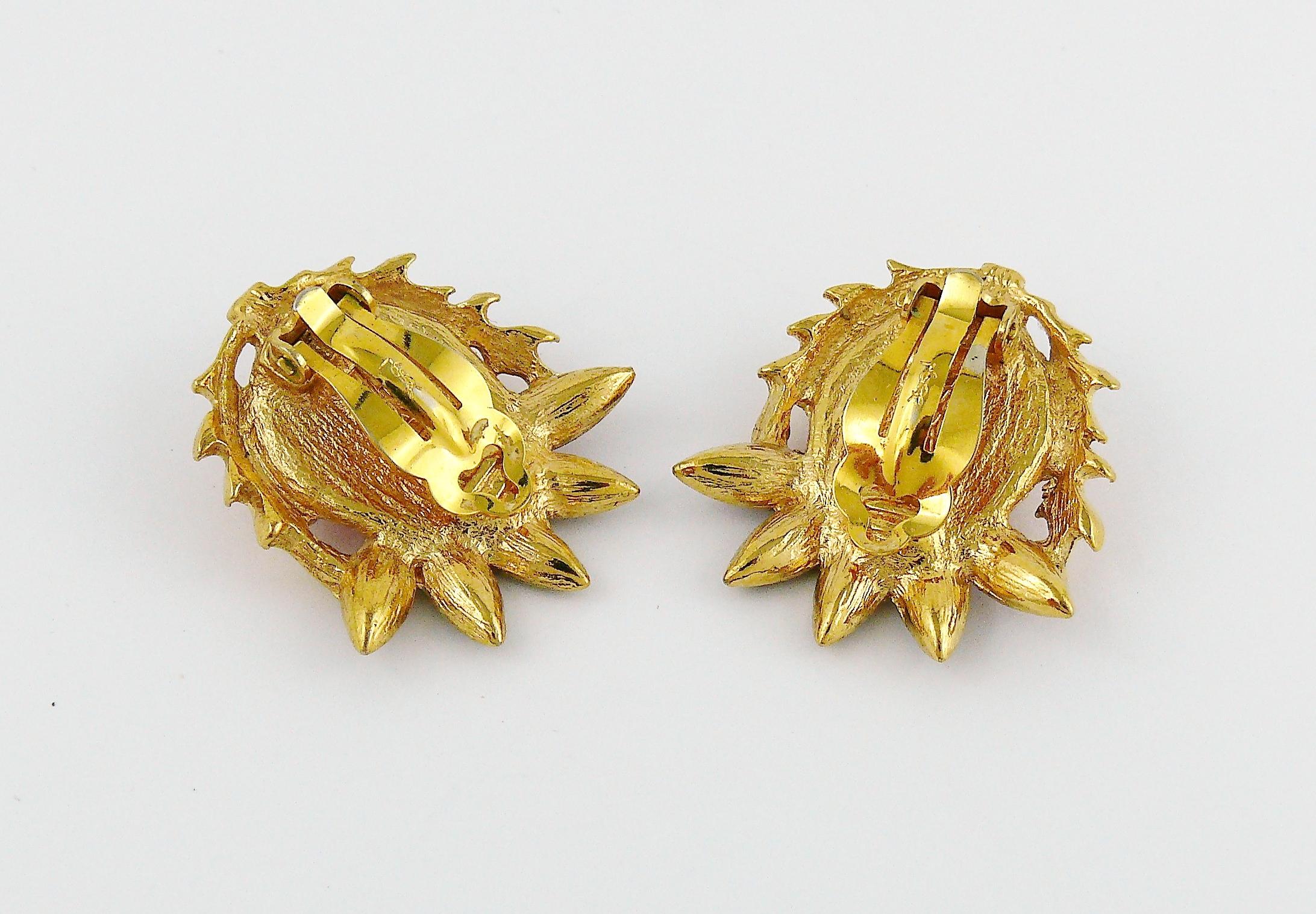 Yves Saint Laurent YSL Thistle Lucite Resin Rhinestone Clip-On Earrings 1