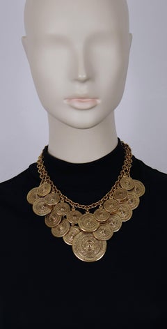 Yves Saint Laurent YSL Two Tiered Ethnic Aztec Disc Medallion Charm Necklace