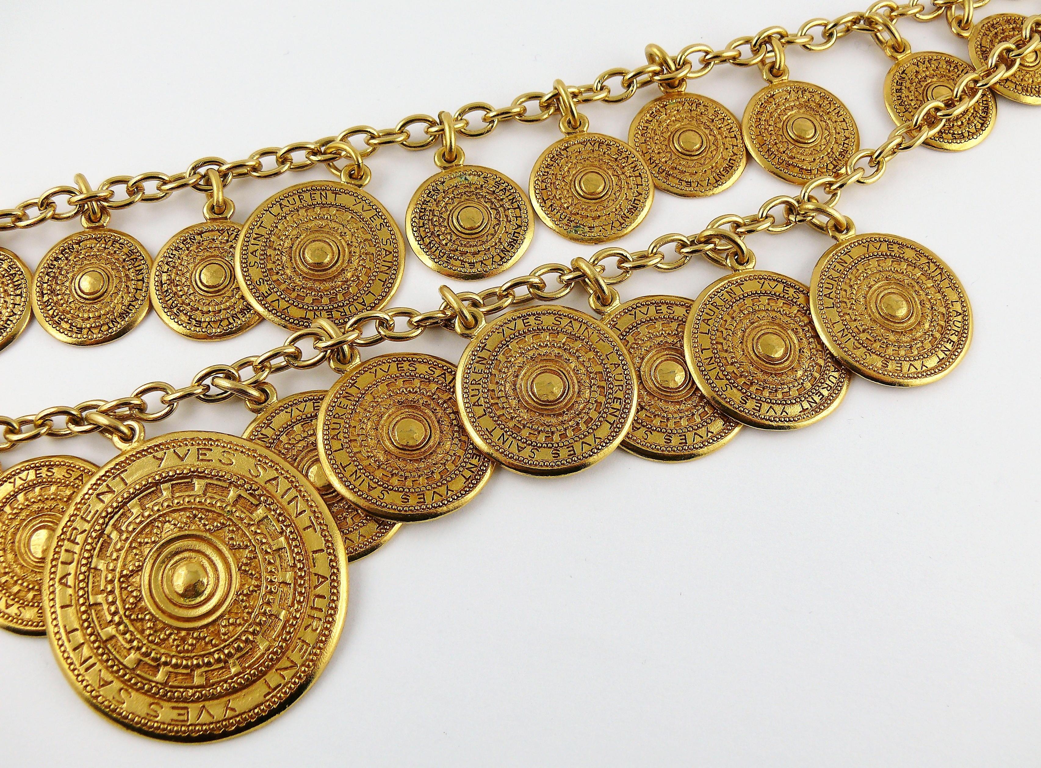 Yves Saint Laurent YSL Two Tiered Ethnic Aztec Disc Medallion Charm Necklace In Excellent Condition In Nice, FR
