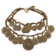 Yves Saint Laurent YSL Two Tiered Ethnic Aztec Disc Medallion Charm Necklace