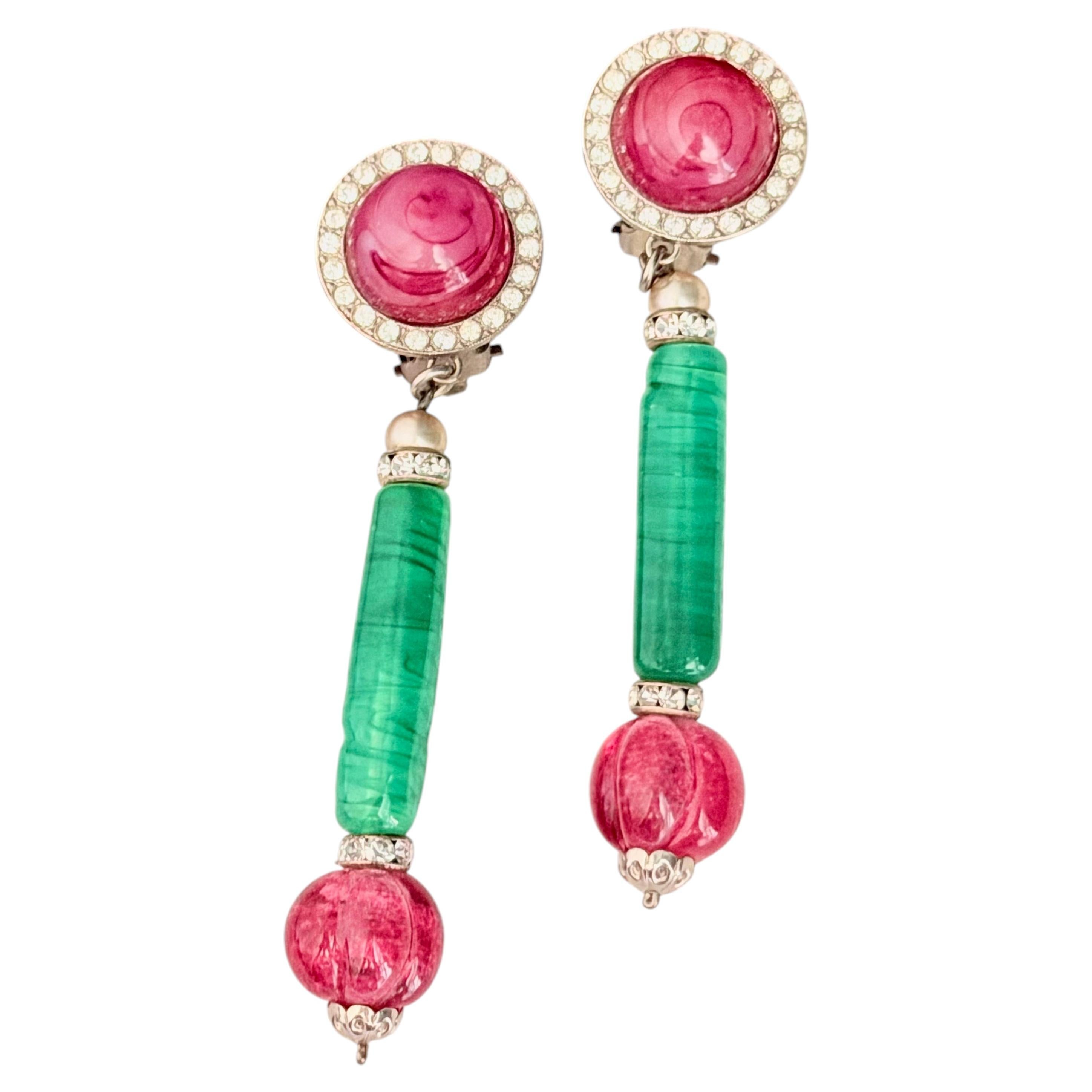 Yves Saint Laurent YSL Vintage 1960s Rare Gripoix Ruby Emerald Red Drop Earrings For Sale