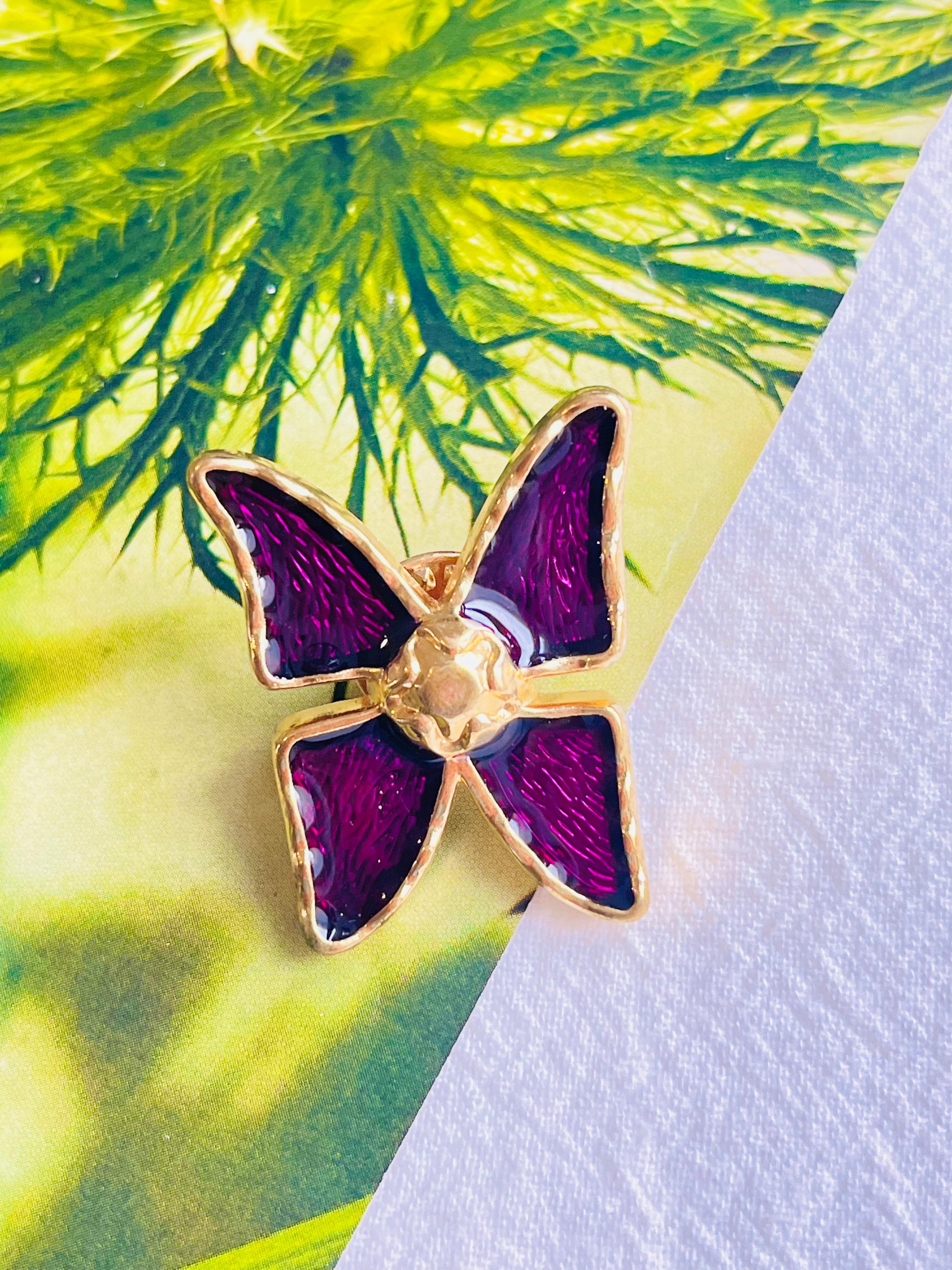 Art Nouveau Yves Saint Laurent YSL Vintage 1980 Vivid Butterfly Glow Purple Gold Brooch Pin For Sale