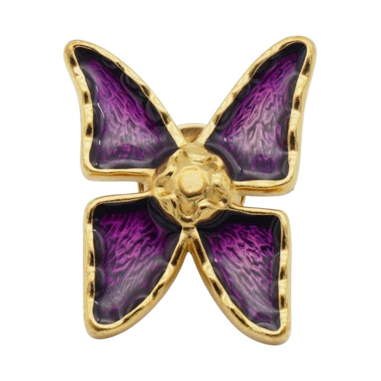 Yves Saint Laurent YSL Vintage 1980 Vivid Butterfly Glow Purple Gold Brooch Pin For Sale