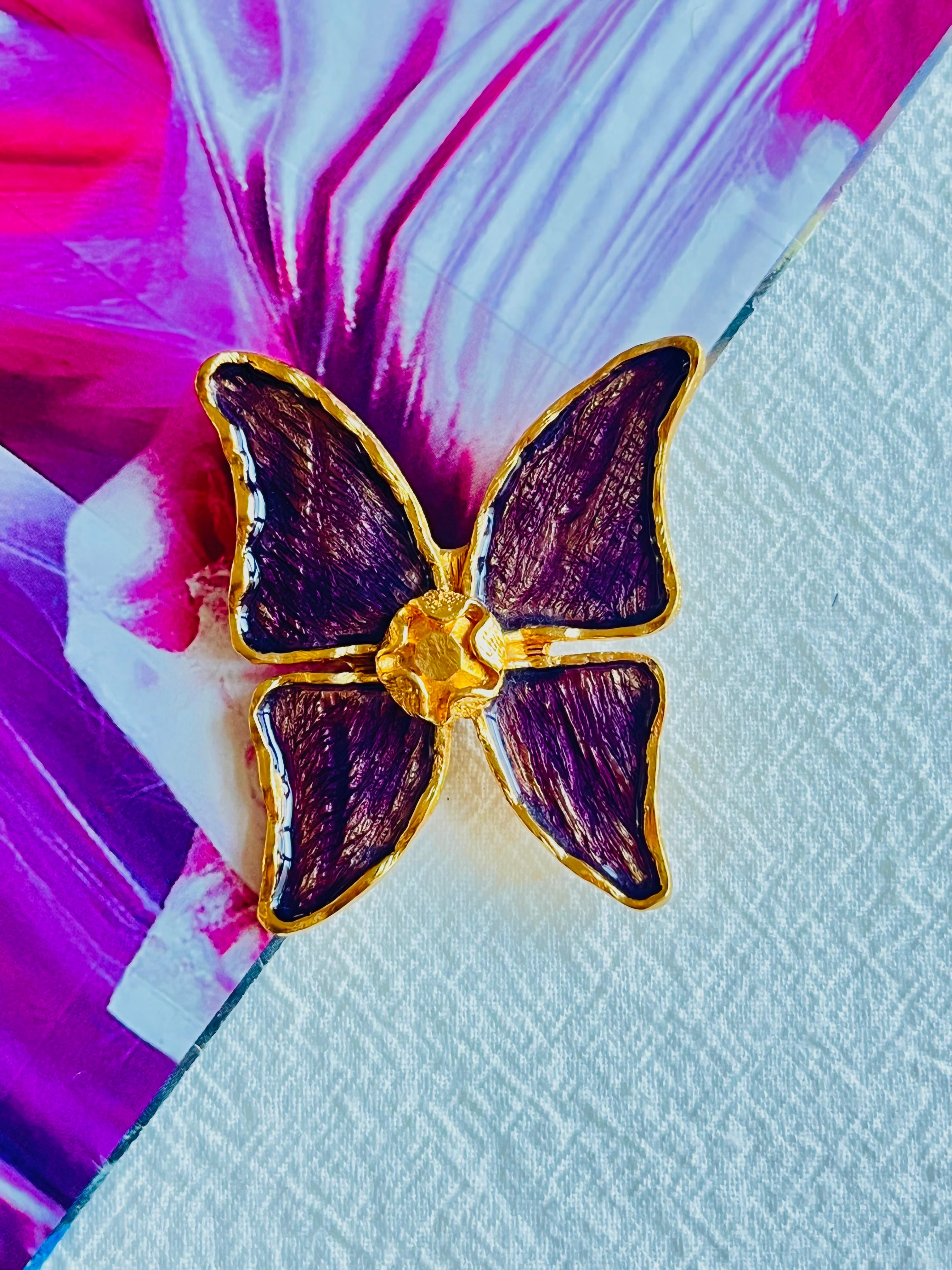 Yves Saint Laurent YSL Vintage 1980s Large Purple Enamel Butterfly Gold Brooch In Excellent Condition In Wokingham, England