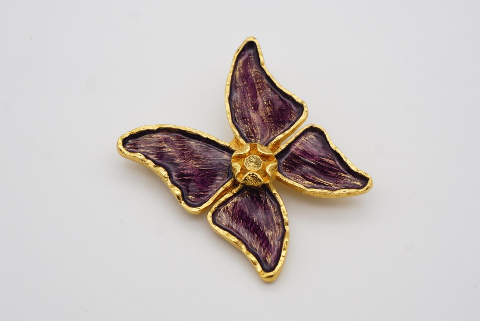 Women's or Men's Yves Saint Laurent YSL Vintage 1980s Large Purple Enamel Butterfly Gold Brooch  For Sale