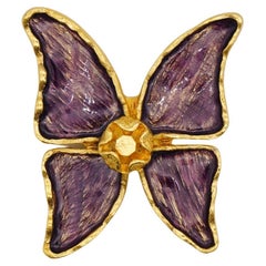 Yves Saint Laurent YSL Used 1980s Large Purple Enamel Butterfly Gold Brooch 