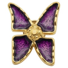 YVES SAINT LAURENT YSL Retro 1980s Purple Enamel Butterfly Gold Pin Brooch