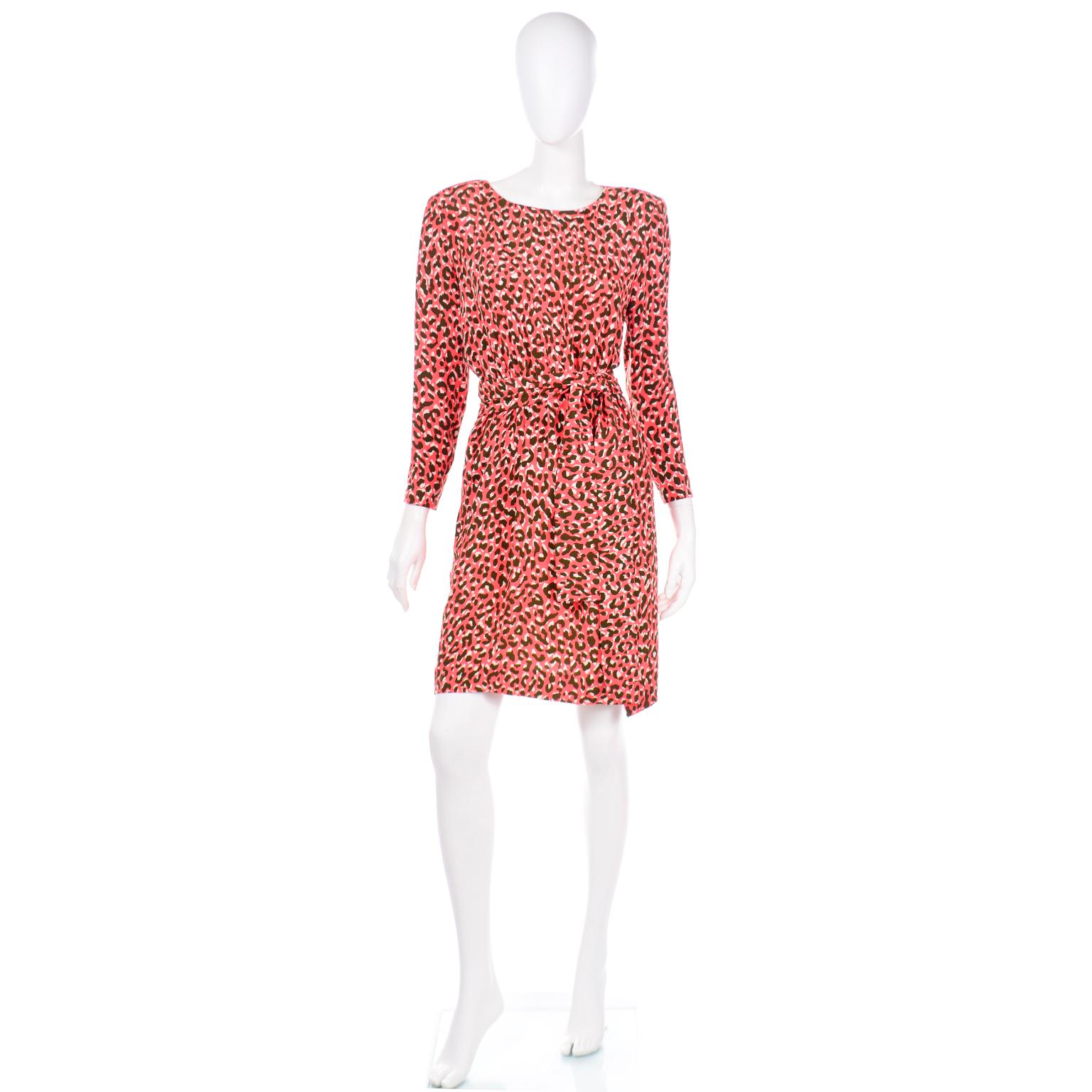Yves Saint Laurent YSL Vintage 1989 Orange Animal Print Runway Dress With Sash In Excellent Condition For Sale In Portland, OR