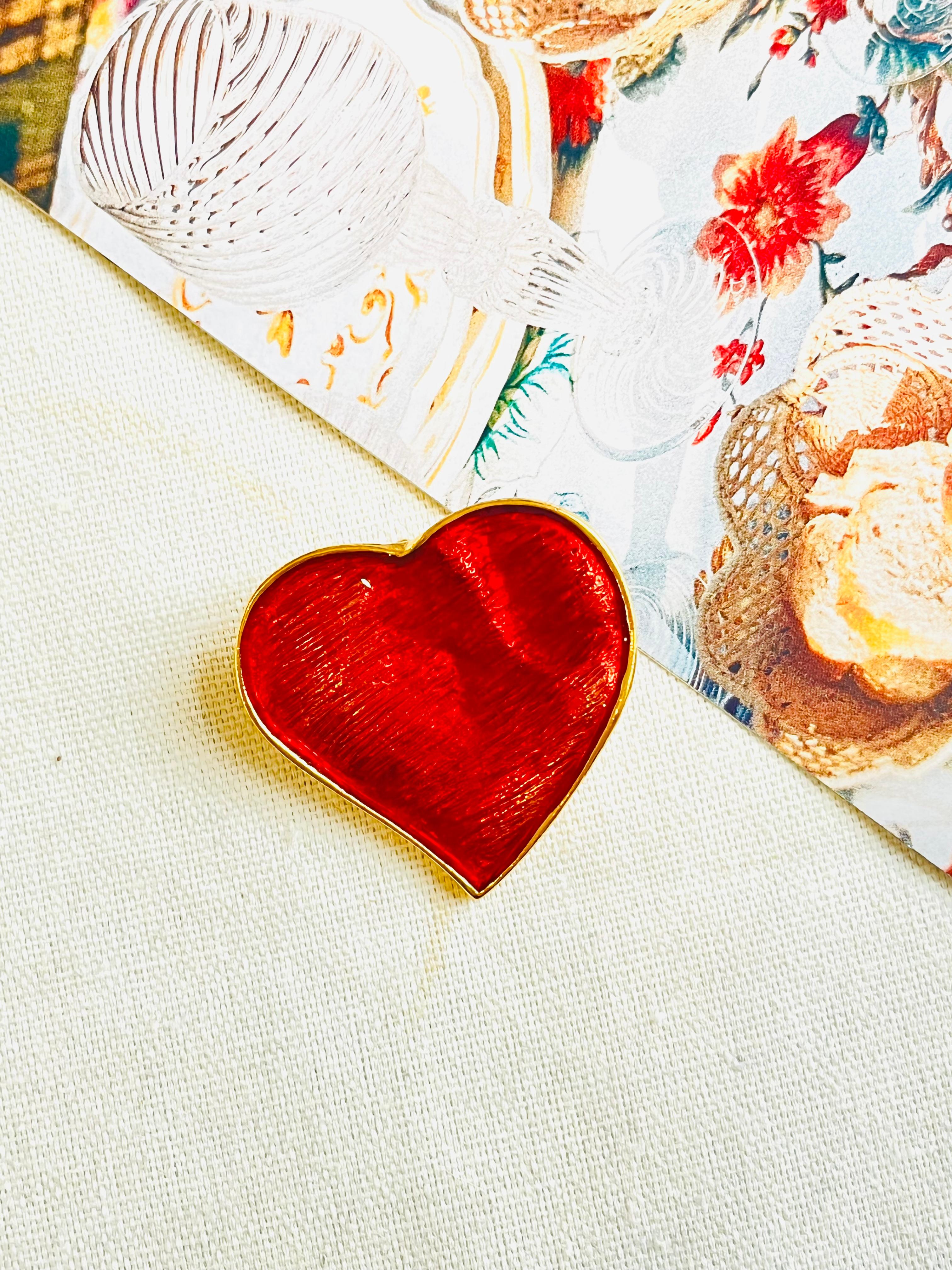 Art Nouveau Yves Saint Laurent YSL Vintage 1990s Red Heart Enamel Love Pendant Brooch Pin