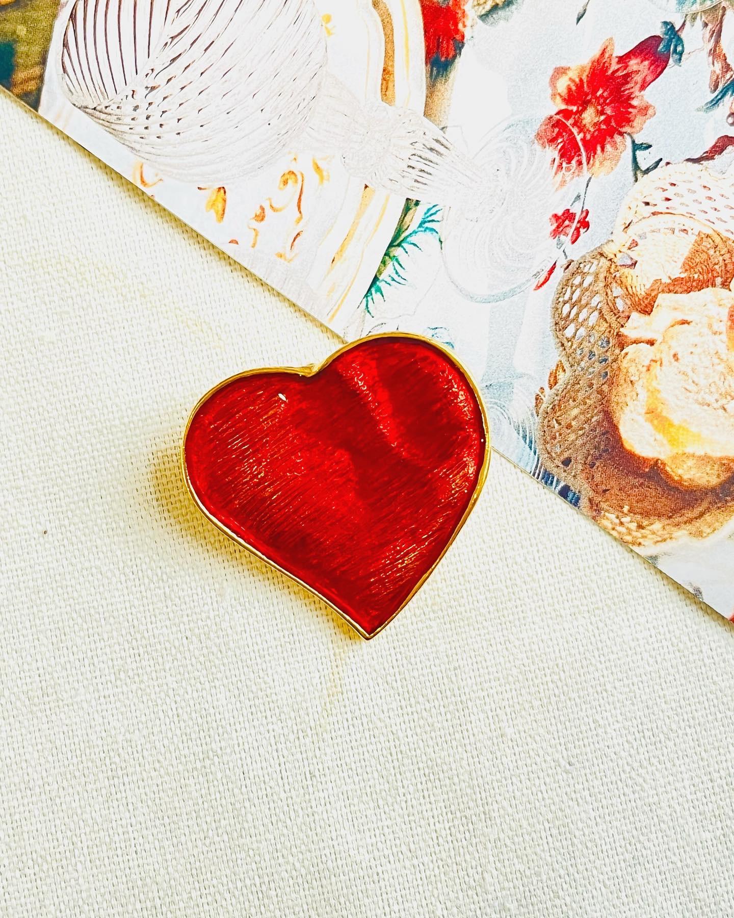 Art Nouveau Yves Saint Laurent YSL Vintage 1990s Red Heart Enamel Love Pendent Brooch Pin For Sale