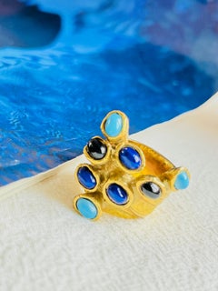 Yves Saint Laurent YSL Iconic Rare Arty Gold Blue Black Dots Statement Ring