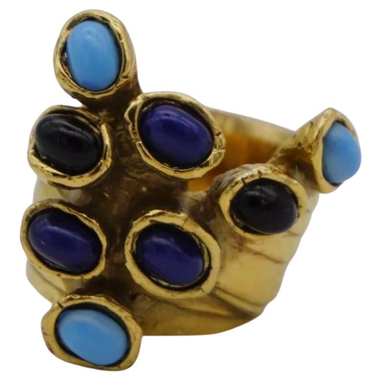 Bague imposante Yves Saint Laurent (YSL) vintage « Arty » dorée, bleue, bleu marine et à pois noirs