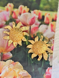 Yves Saint Laurent YSL Vintage Arty Gold Textured Sun Flower Domed Earrings