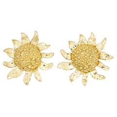 Yves Saint Laurent YSL Vintage Arty Gold Textured Sun Flower Domed Earrings
