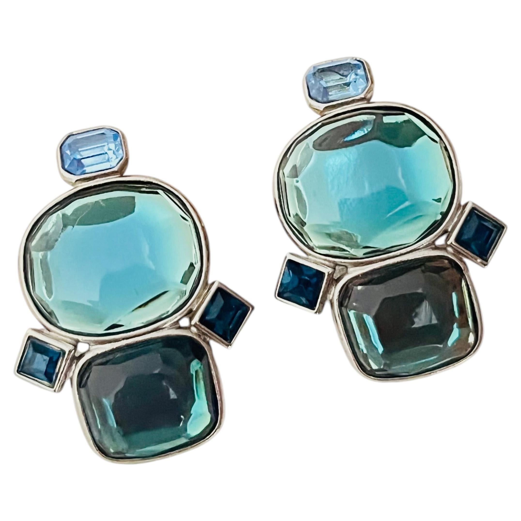 Yves Saint Laurent YSL Vintage Arty Large Silver Green Blue Crystals Earrings For Sale
