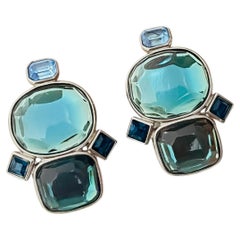 Yves Saint Laurent YSL Vintage Arty Large Silver Green Blue Crystals Earrings