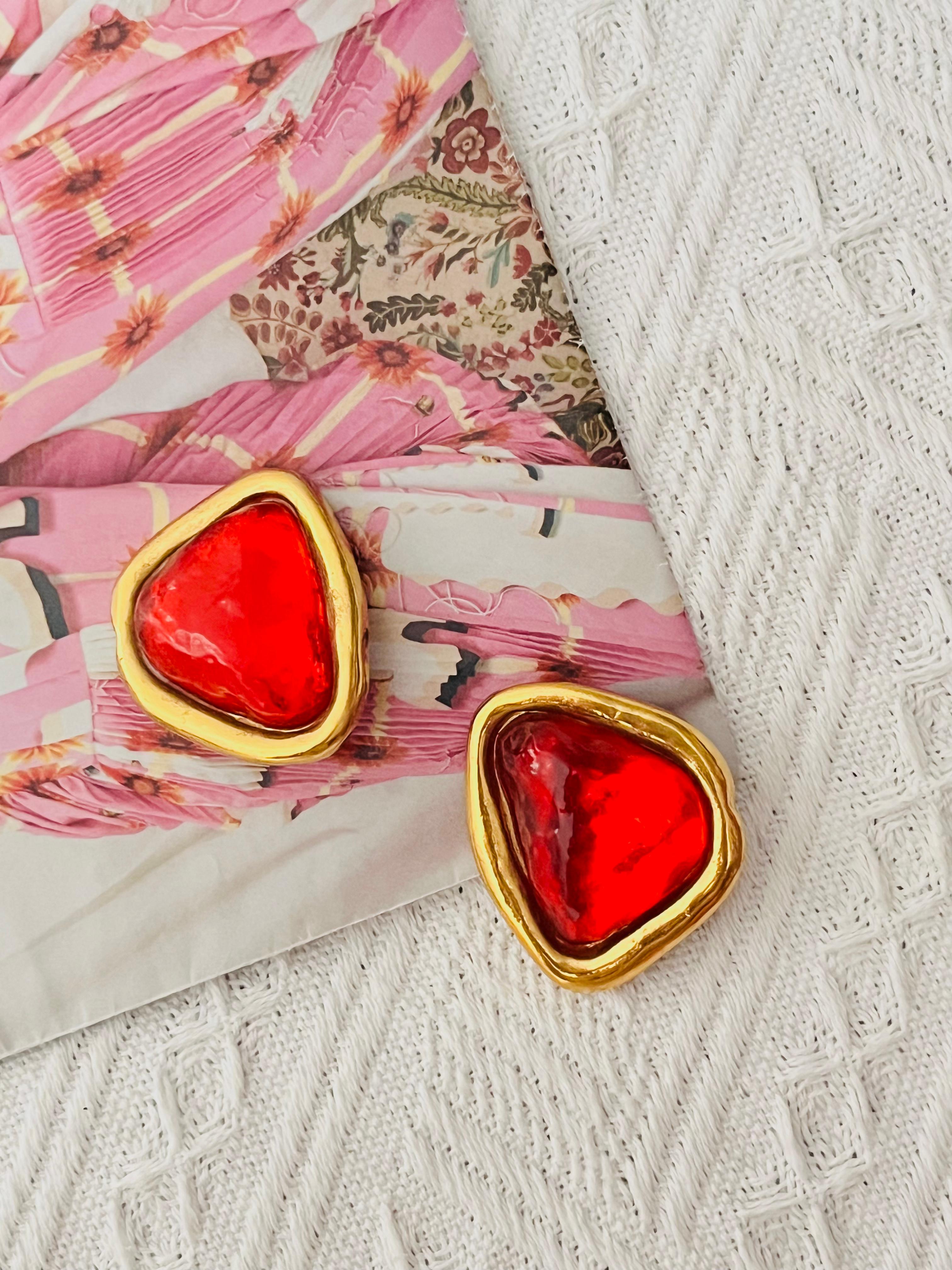 Art Deco Yves Saint Laurent YSL Vintage Asymmetric Triangle Ruby Crystal Clip Earrings For Sale