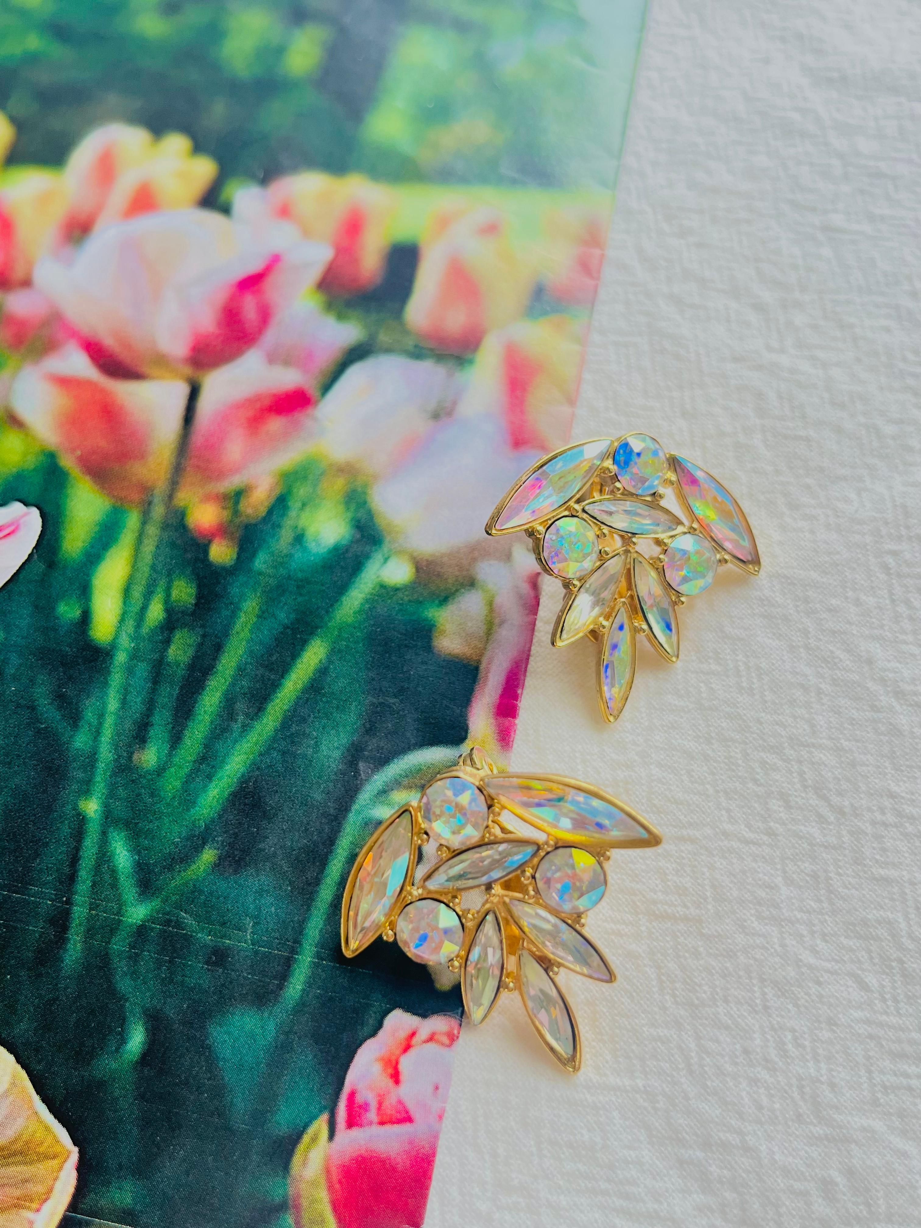 Yves Saint Laurent YSL Vintage Aurora Borealis Cluster Crystals Flower Earrings In Excellent Condition For Sale In Wokingham, England