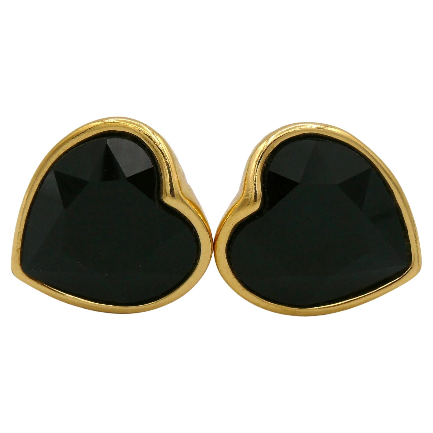 Yves Saint Laurent YSL Vintage Black Crystal Heart Clip-On Earrings