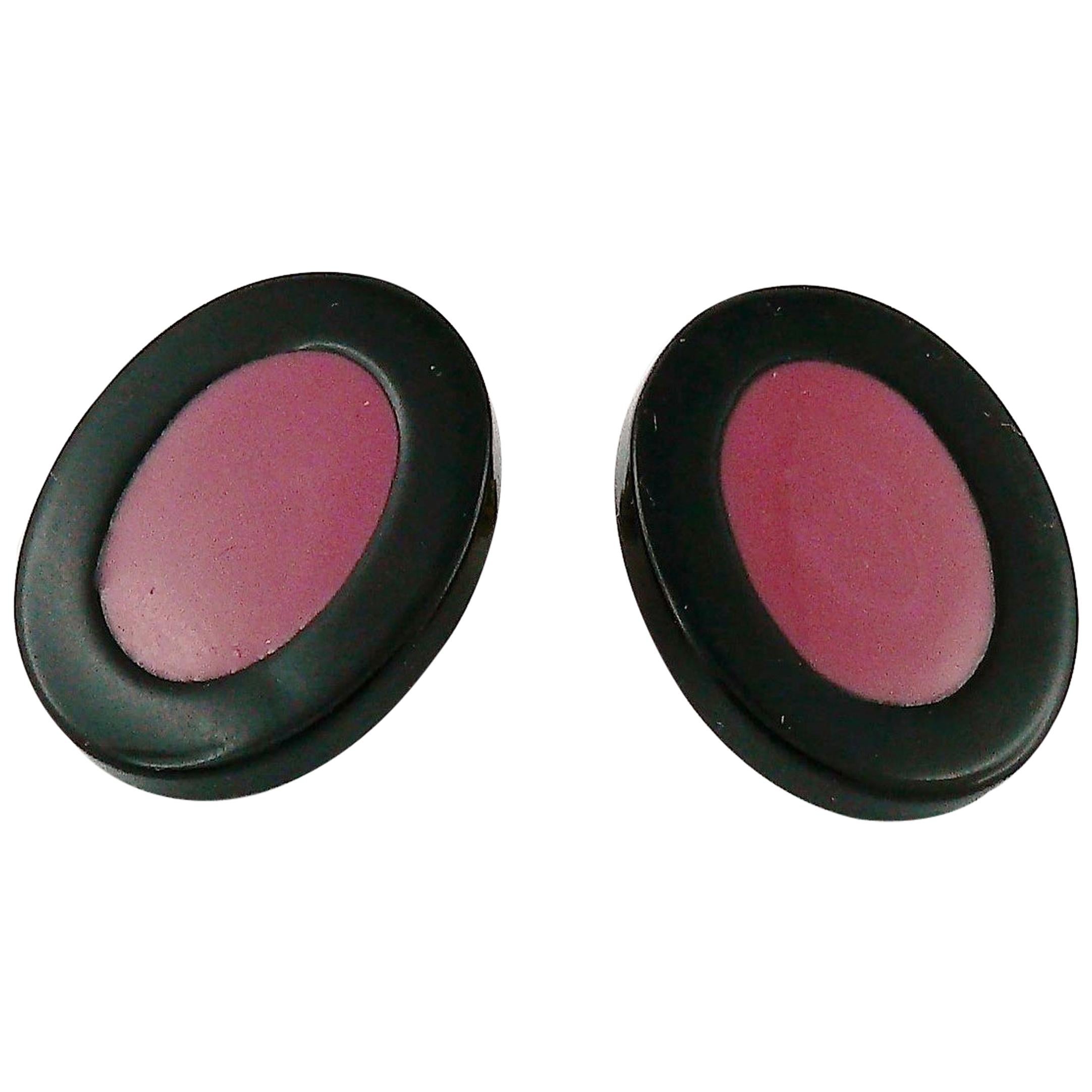 Yves Saint Laurent YSL Vintage Black Pink Oval Abstraction Clip-On Earrings For Sale
