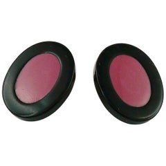 Yves Saint Laurent YSL Vintage Black Pink Oval Abstraction Clip-On Earrings