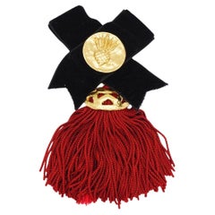 Yves Saint Laurent YSL Vintage Black Velvet Burgundy Tassel Gold Brooch Pendant
