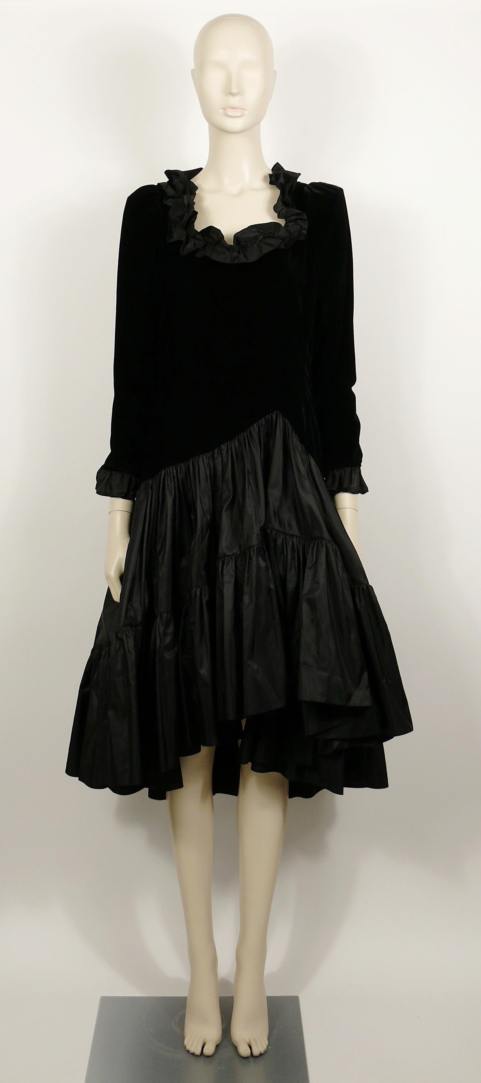 Yves Saint Laurent YSL Vintage Black Velvet & Satin Ruffle Cocktail Dress In Good Condition For Sale In Nice, FR