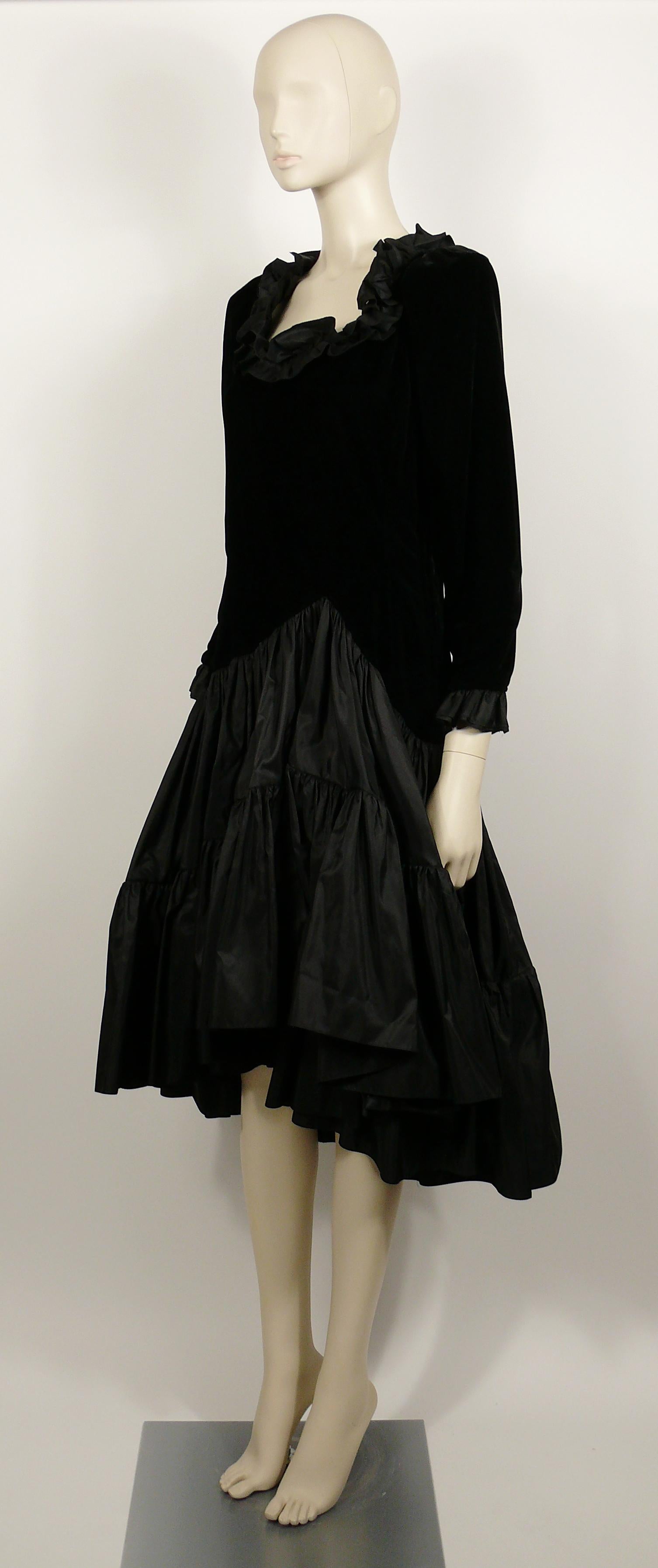 Women's Yves Saint Laurent YSL Vintage Black Velvet & Satin Ruffle Cocktail Dress For Sale