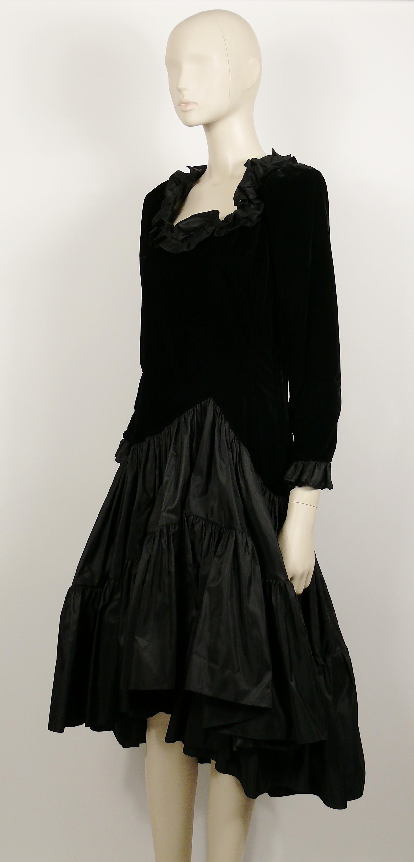 Yves Saint Laurent YSL Vintage Black Velvet & Satin Ruffle Cocktail Dress For Sale 1