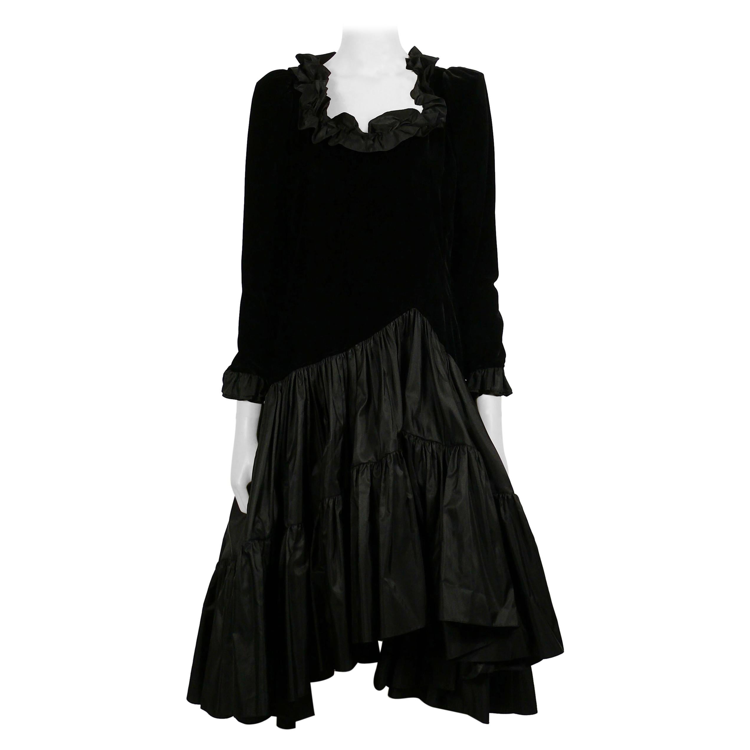 Yves Saint Laurent YSL Vintage Black Velvet & Satin Ruffle Cocktail Dress For Sale