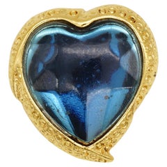 Yves Saint Laurent YSL Vintage Blue Aqua Gold Love Heart Crystal Cabochon Brooch