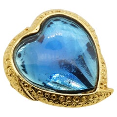 Yves Saint Laurent YSL Vintage Blue Aqua Gold Love Heart Crystal Cabochon Brooch
