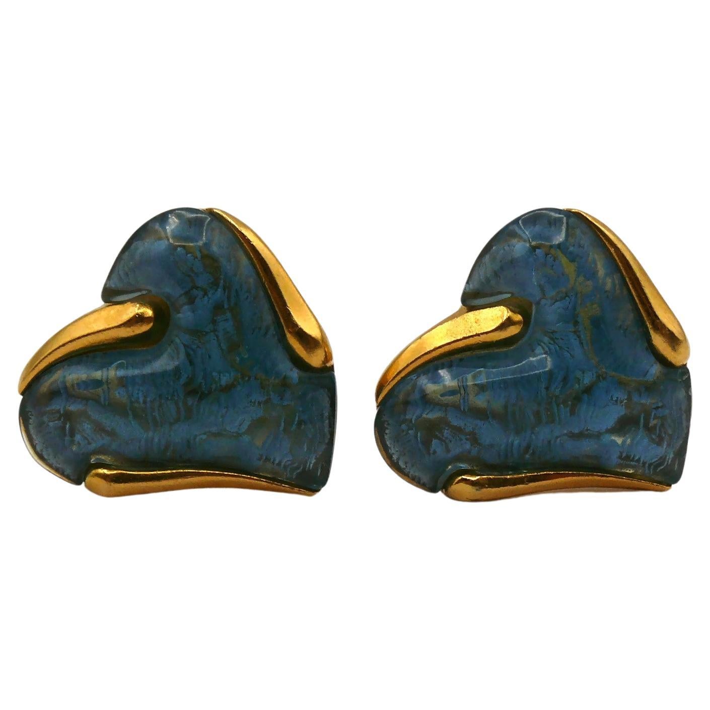 YVES SAINT LAURENT YSL Vintage Blue Heart Clip-On Earrings