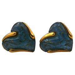 Yves Saint Laurent YSL Boucles d'oreilles clip bleu vintage en forme de coeur