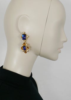 Yves Saint Laurent YSL Vintage Blue Orange Faux Pearls Dangling Earrings