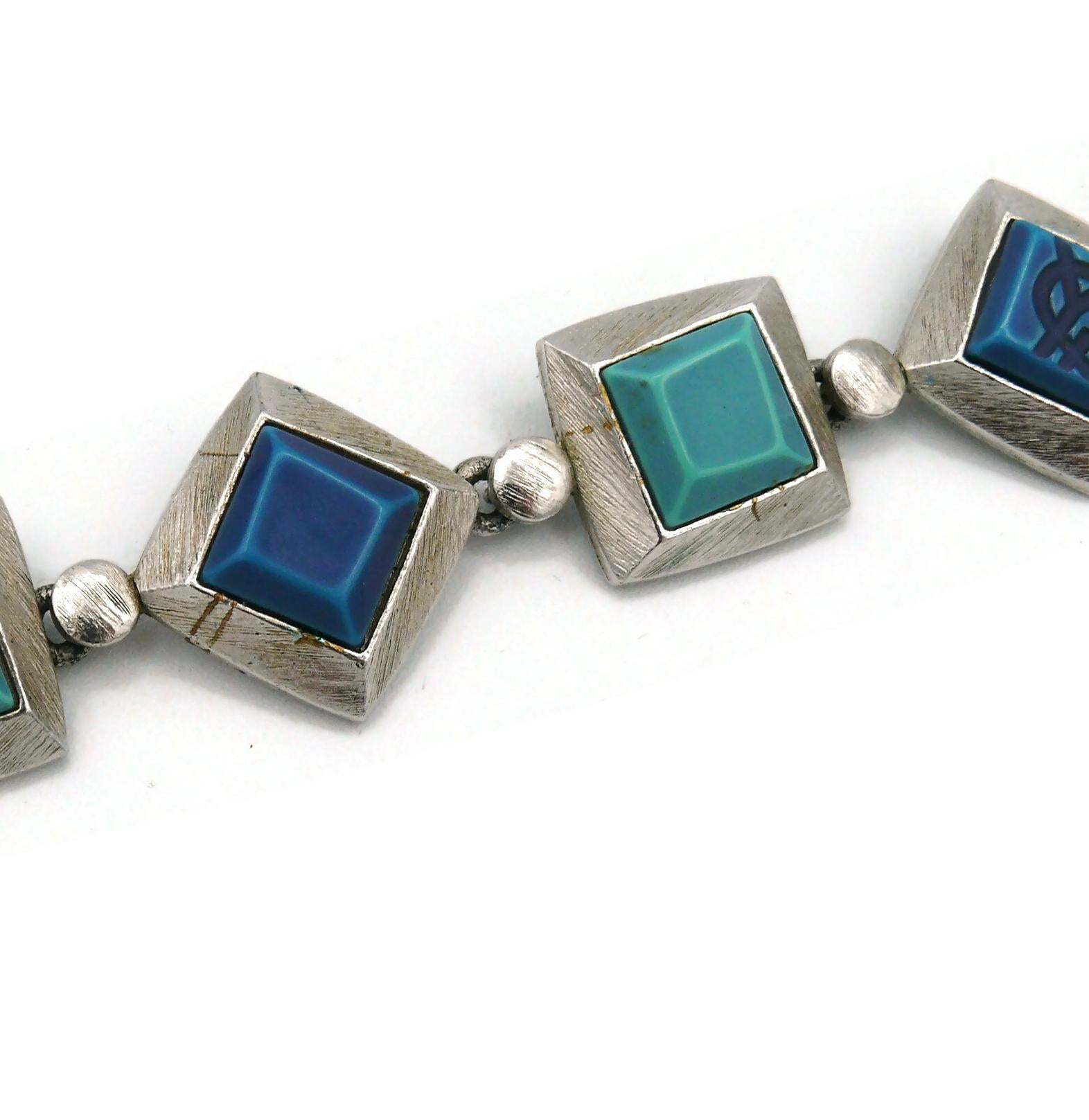YVES SAINT LAURENT YSL Vintage Blue Resin Logo Necklace For Sale 16
