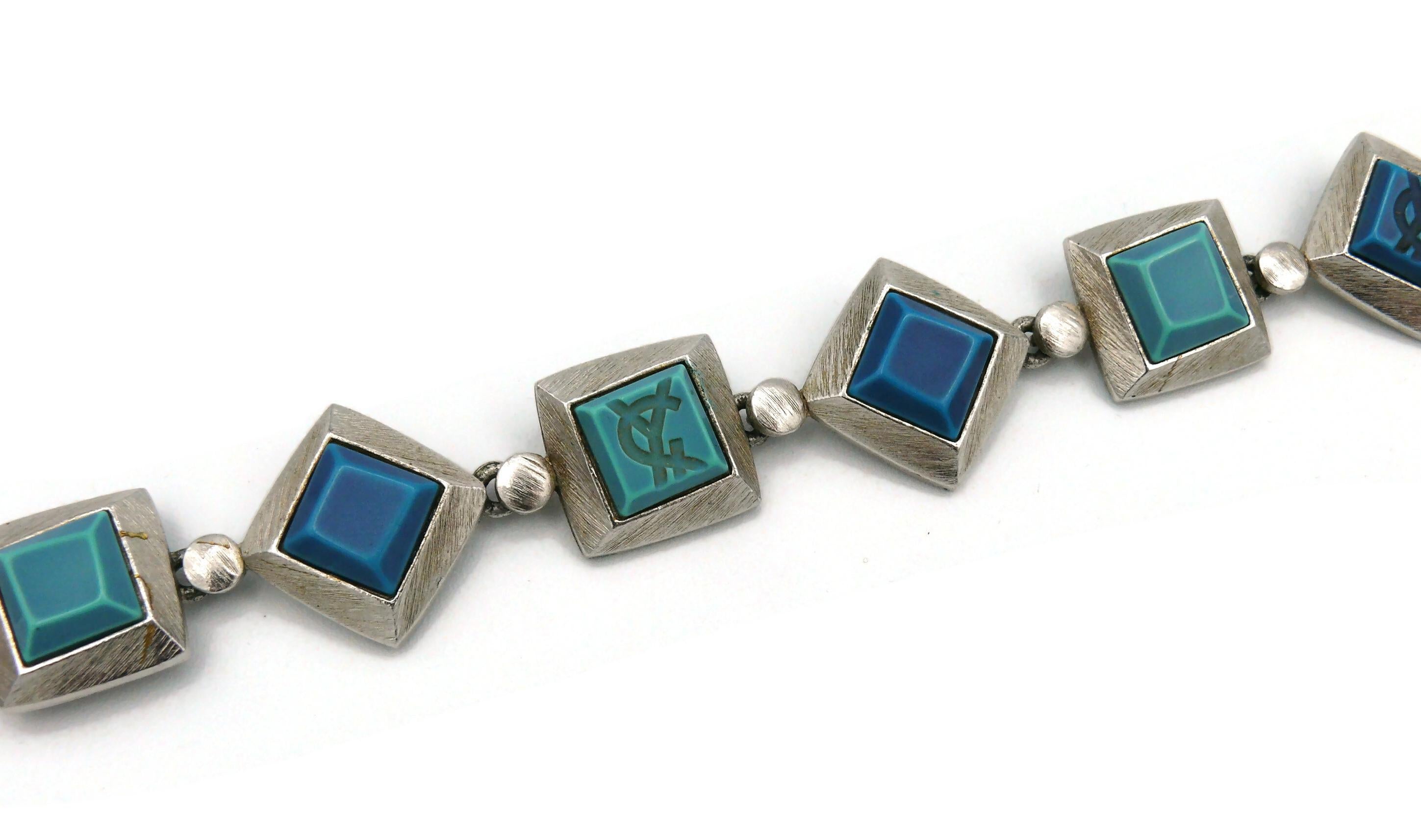 YVES SAINT LAURENT YSL Vintage Blue Resin Logo Necklace For Sale 1